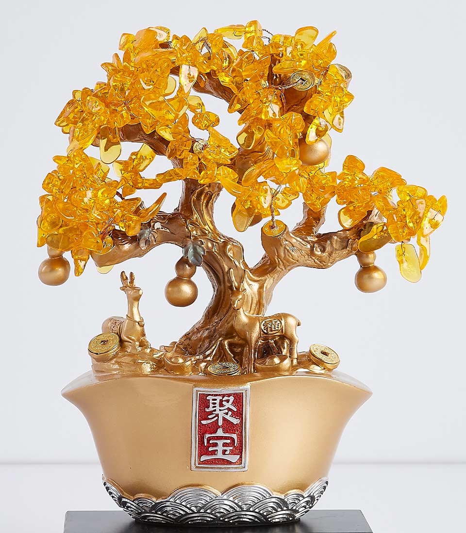 Golden Lucky Money Tree with crystal leaves and coins in decorative pot with deer figurines