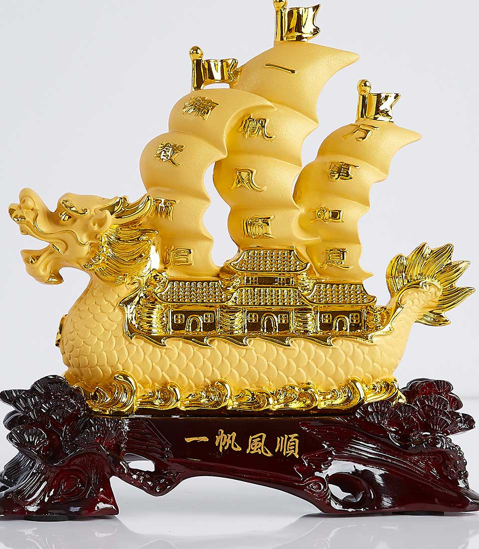 Prosperity Dragon Boat golden figurine with sculpted wooden base, new home blessing gift