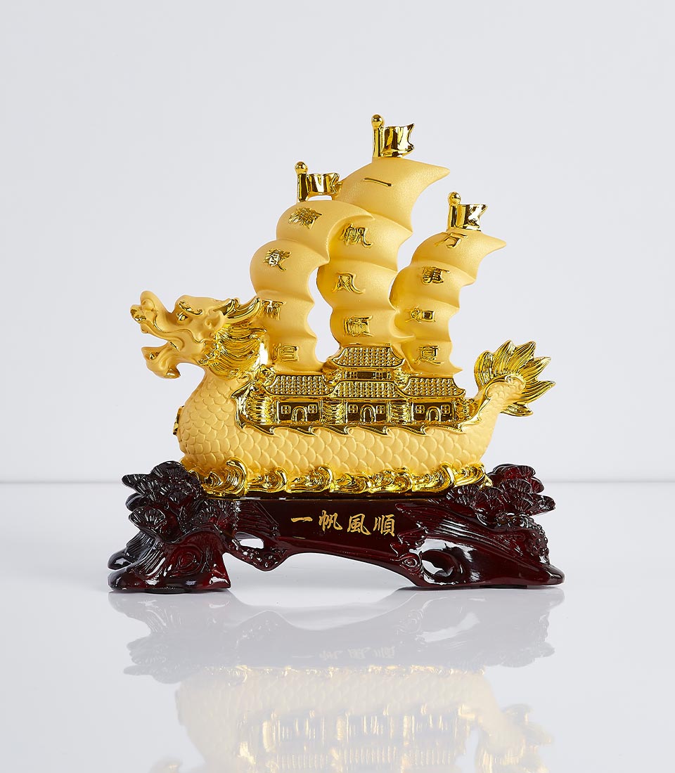 Prosperity Dragon Boat luxury gift with golden dragon ship figurine and carved wooden stand
