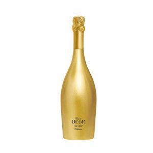Luxe gold prosecco bottle with black label against white background, perfect for Christmas celebrations