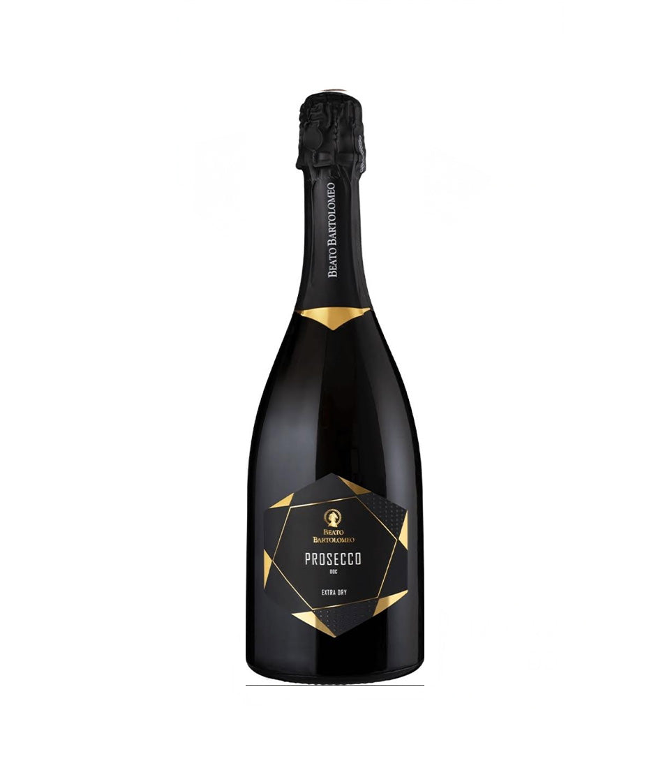 Dark Prosecco bottle with gold foil and geometric label, elegant Christmas wine gift