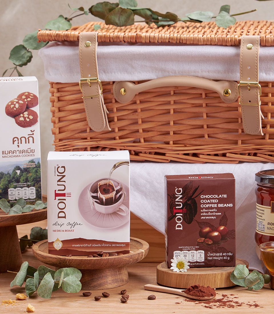 Premium DoiTung macadamia cookies, medium roast drip coffee, and chocolate-coated coffee beans gourmet gift set