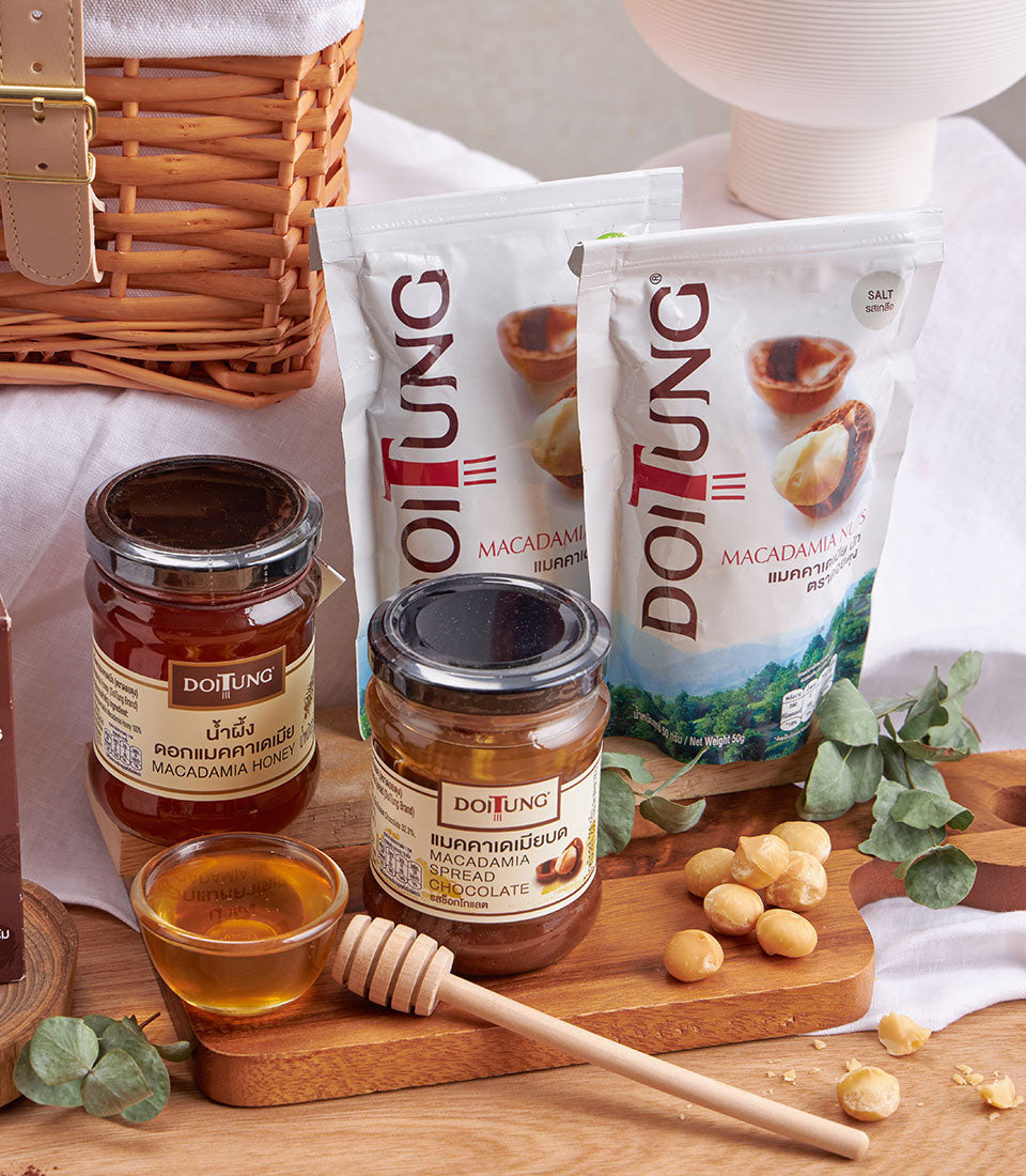 DoiTung macadamia honey, chocolate spread, and roasted nuts in premium gourmet gift hamper