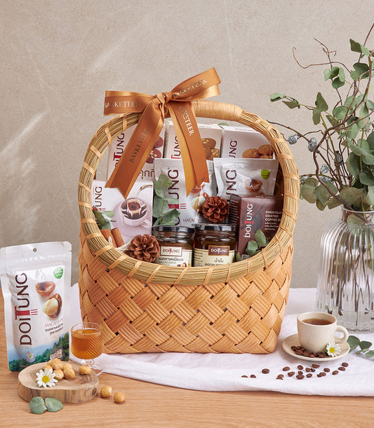DoiTung coffee and macadamia nuts luxury gift basket with bronze ribbon, honey, and cookies for gourmet gifting