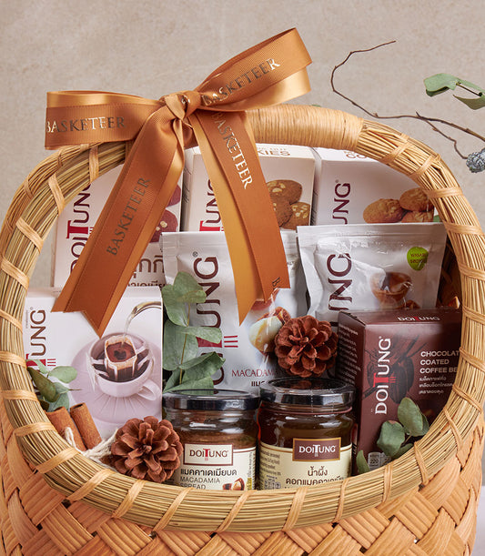 Premium DoiTung coffee and macadamia gift basket with honey, woven straw hamper with gold ribbon