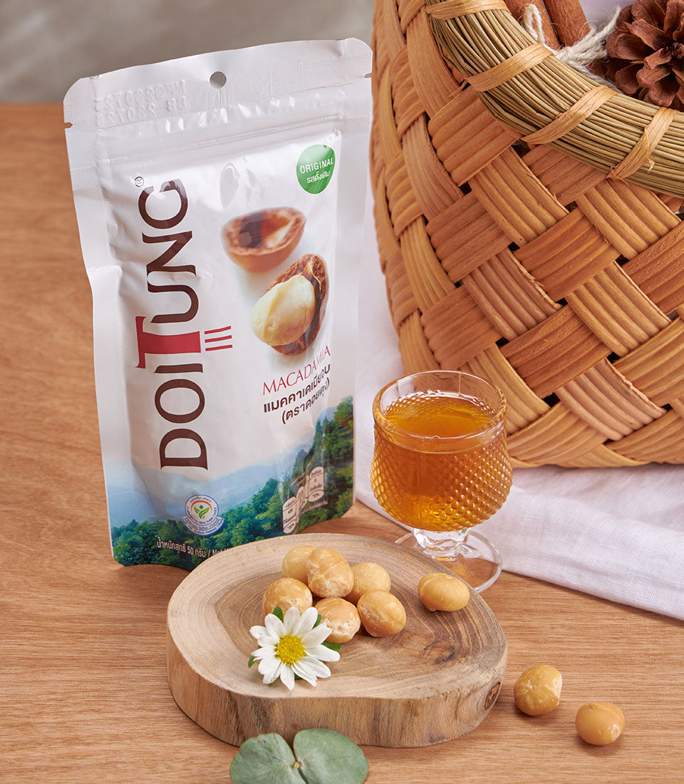 DoiTung macadamia nuts and specialty coffee gift basket with artisan packaging and natural elements