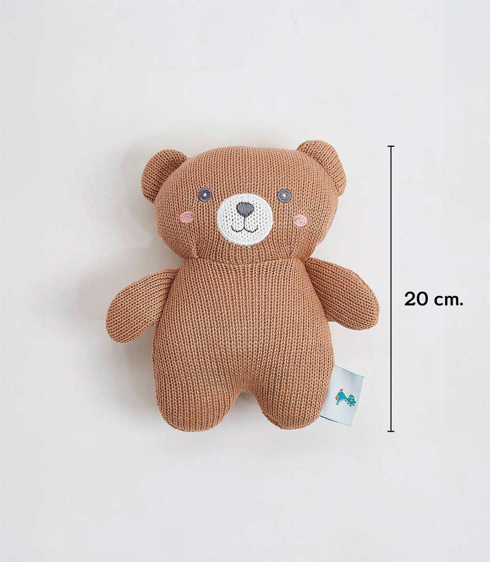 Knitted brown teddy bear with white snout, perfect for baby gifts and cuddles