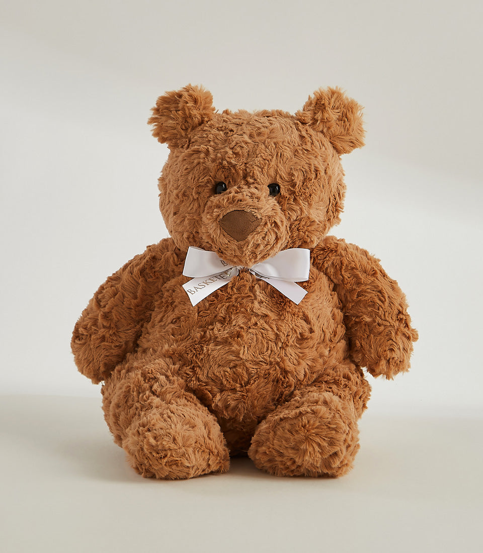 Fluffy brown teddy bear with satin ribbon, Valentine's gift hamper from Basketeer