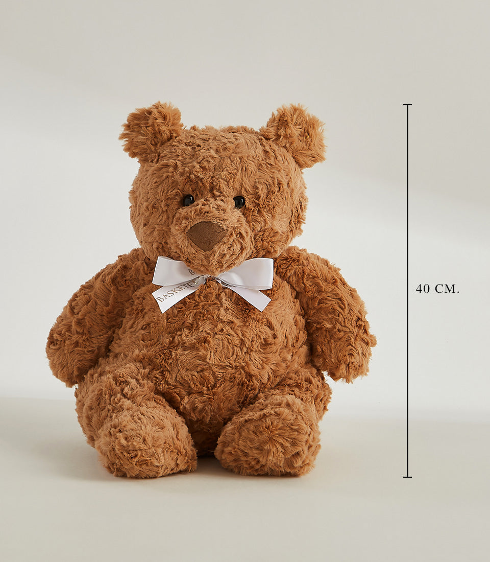 Soft brown teddy bear with white satin bow, 40cm height, Valentine's gift hamper