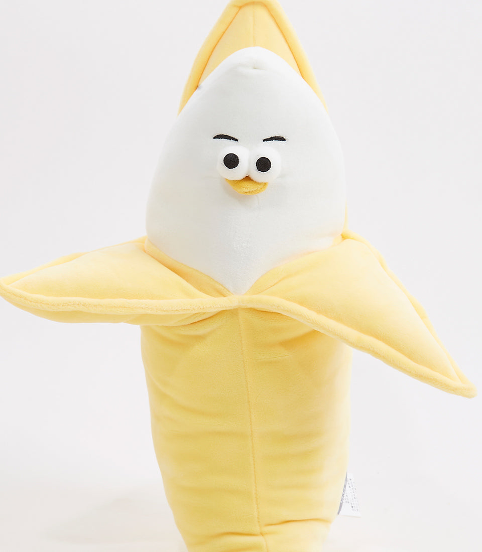 Soft yellow banana plush toy with cheerful face and outstretched arms, perfect for babies and toddlers
