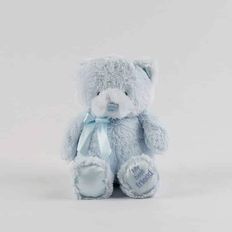 Light blue plush teddy bear with satin ribbon bow and embroidered "My best friend" sole detail