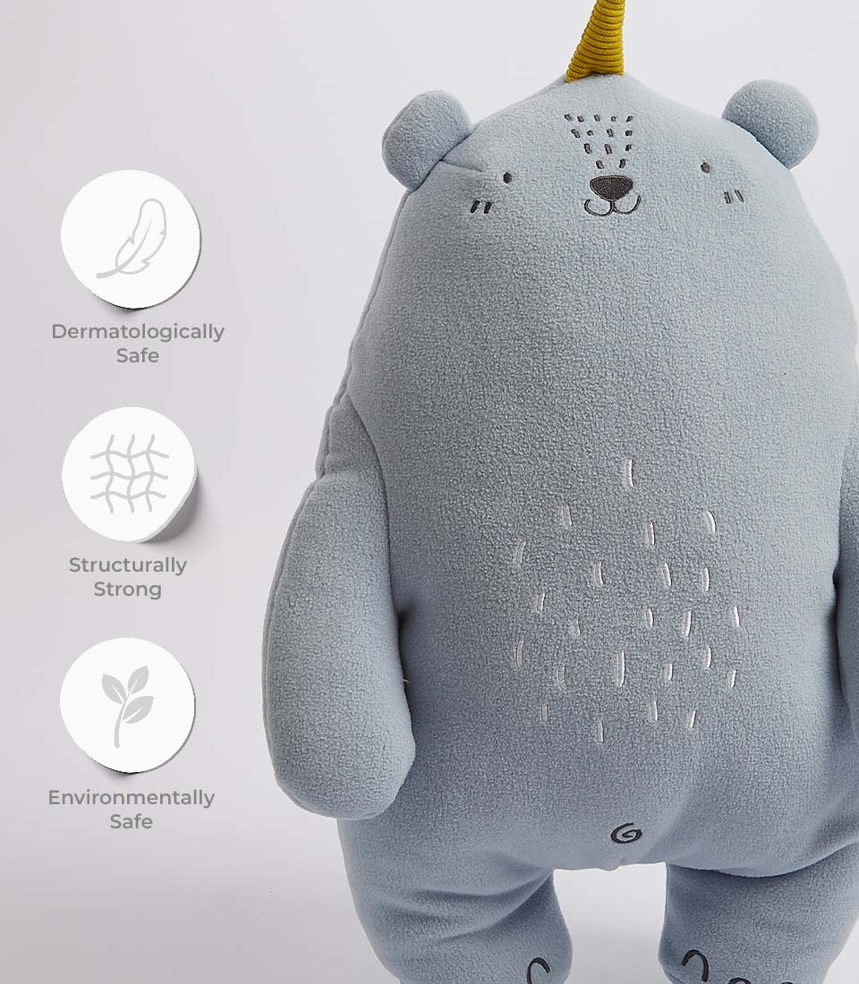 Soft blue plush bear with yellow party horn and embroidered features, dermatologically safe for kids