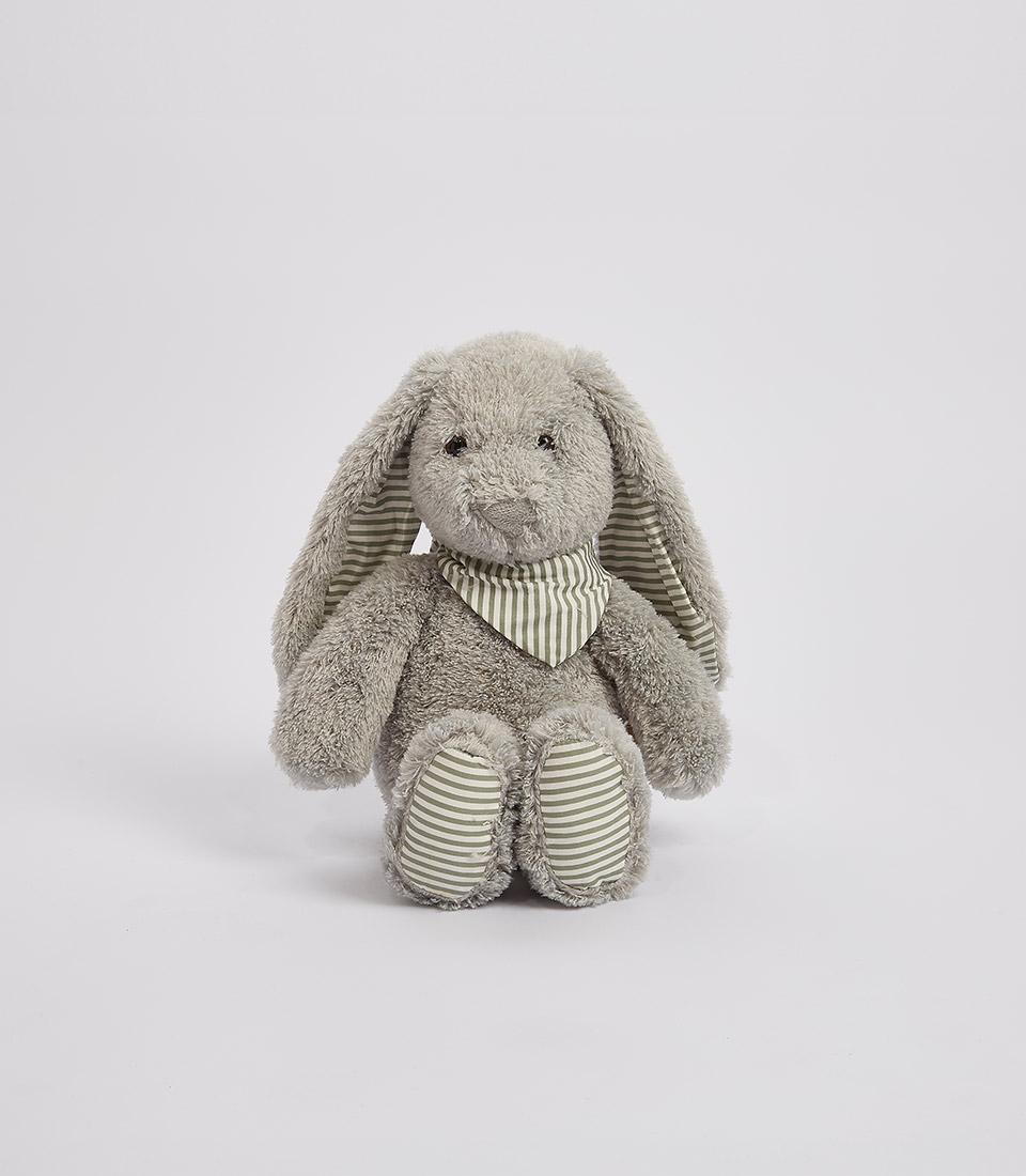 Basketeer: Cuddly gray plush bunny, a perfect addition to a luxury baby gift hamper delivered in Bangkok. Green striped accents add a playful touch.