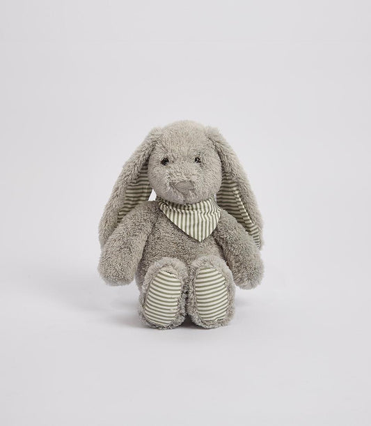 Basketeer: Cuddly gray plush bunny, a perfect addition to a luxury baby gift hamper delivered in Bangkok. Green striped accents add a playful touch.
