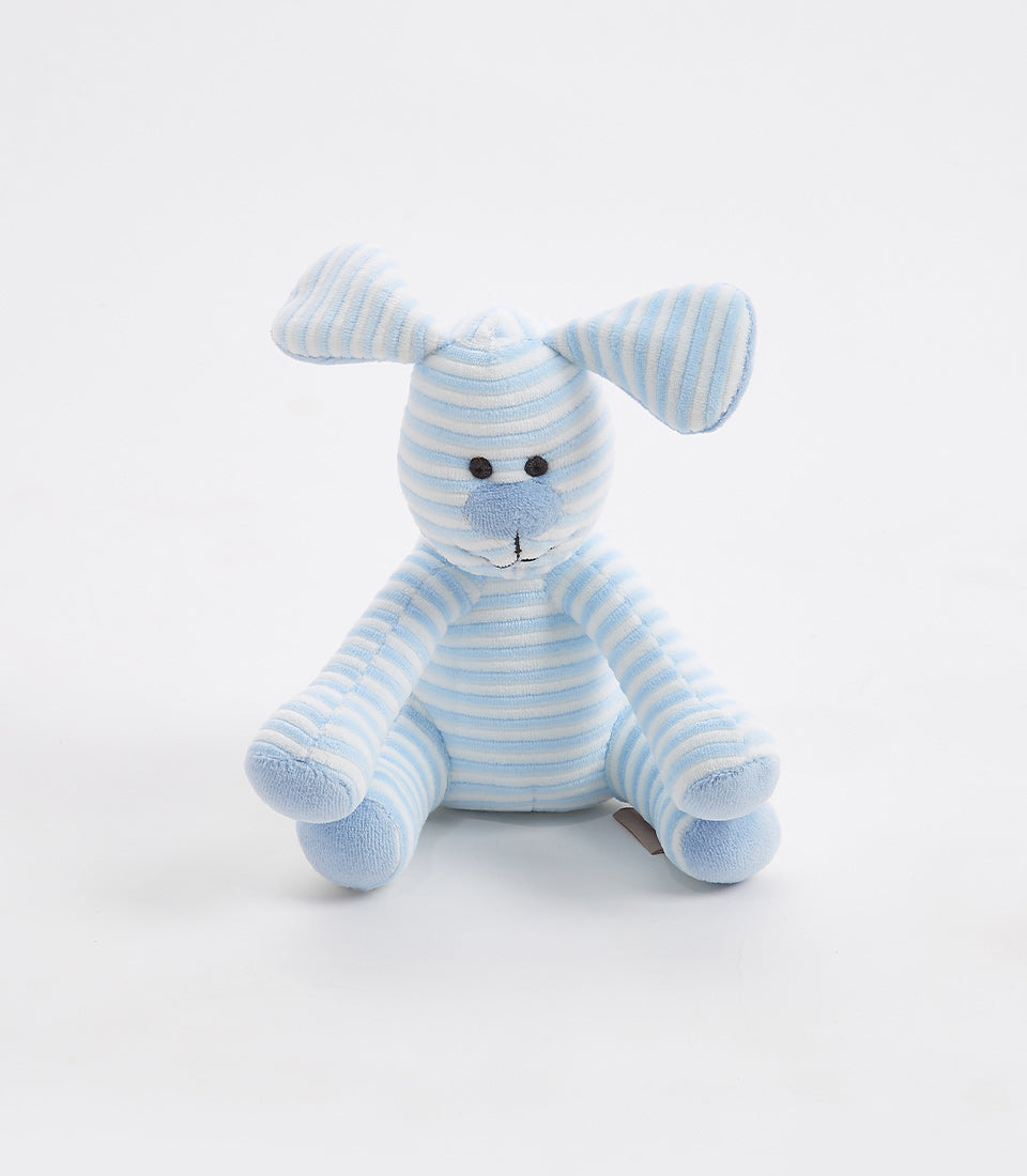 A Basketeer baby gift idea: soft, plush puppy toy with sweet blue and white stripes. Perfect for a premium hamper delivery in Thailand.