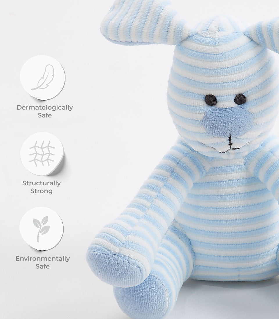 Soft blue-striped puppy plush toy, a comforting addition to any Basketeer baby gift hamper. Premium plush for same-day gift delivery in Bangkok.