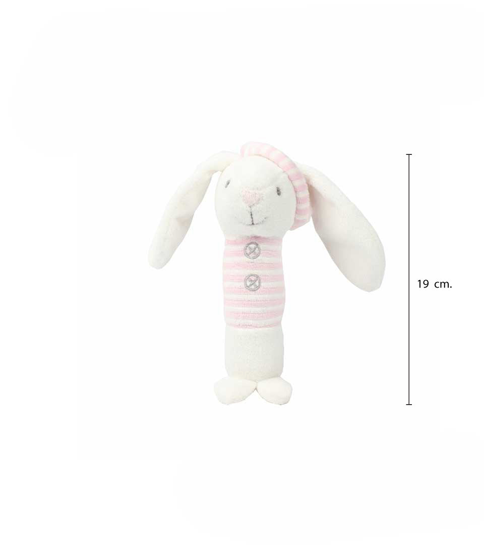Basketeer baby gift: Soft white plush bunny rattle with pink stripes. A sweet addition to our premium hamper delivery in Thailand.