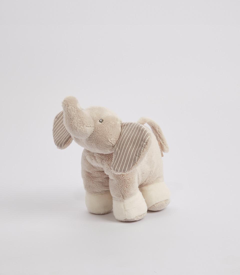 Plush gray elephant with striped ears and soft cream fabric for babies and toddlers