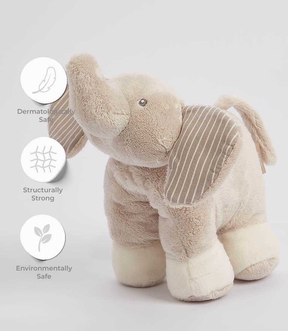 Plush beige elephant soft toy with striped ears, dermatologically safe cuddle companion for babies and kids