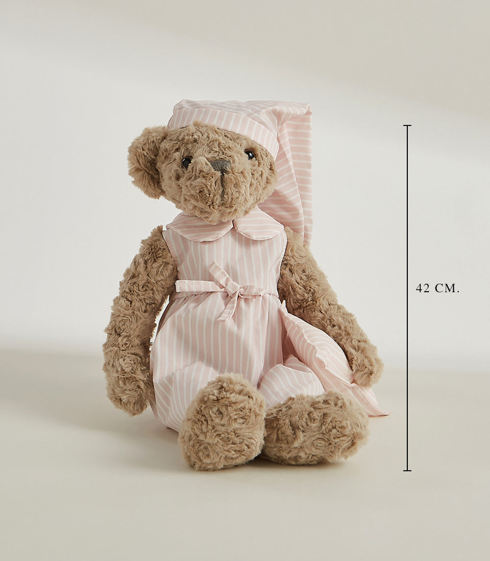 Plush teddy bear in pink striped nightgown and sleep cap, soft toy gift for kids