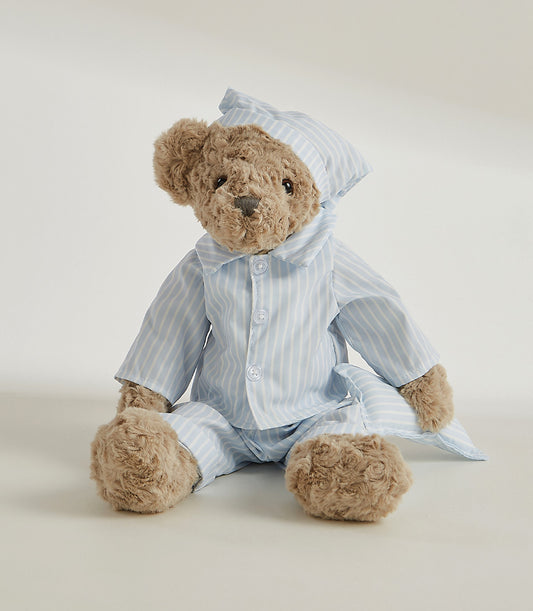 Basketeer plush teddy bear gift in striped pajamas and nightcap. A cuddly luxury gift for newborns delivered in Bangkok and Thailand.