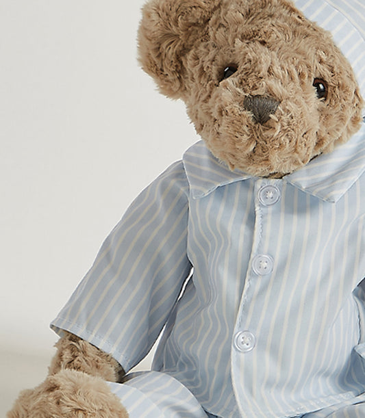 Basketeer plush teddy bear gift in light blue striped pajamas and matching nightcap. The perfect Bangkok gift for baby or get well soon.