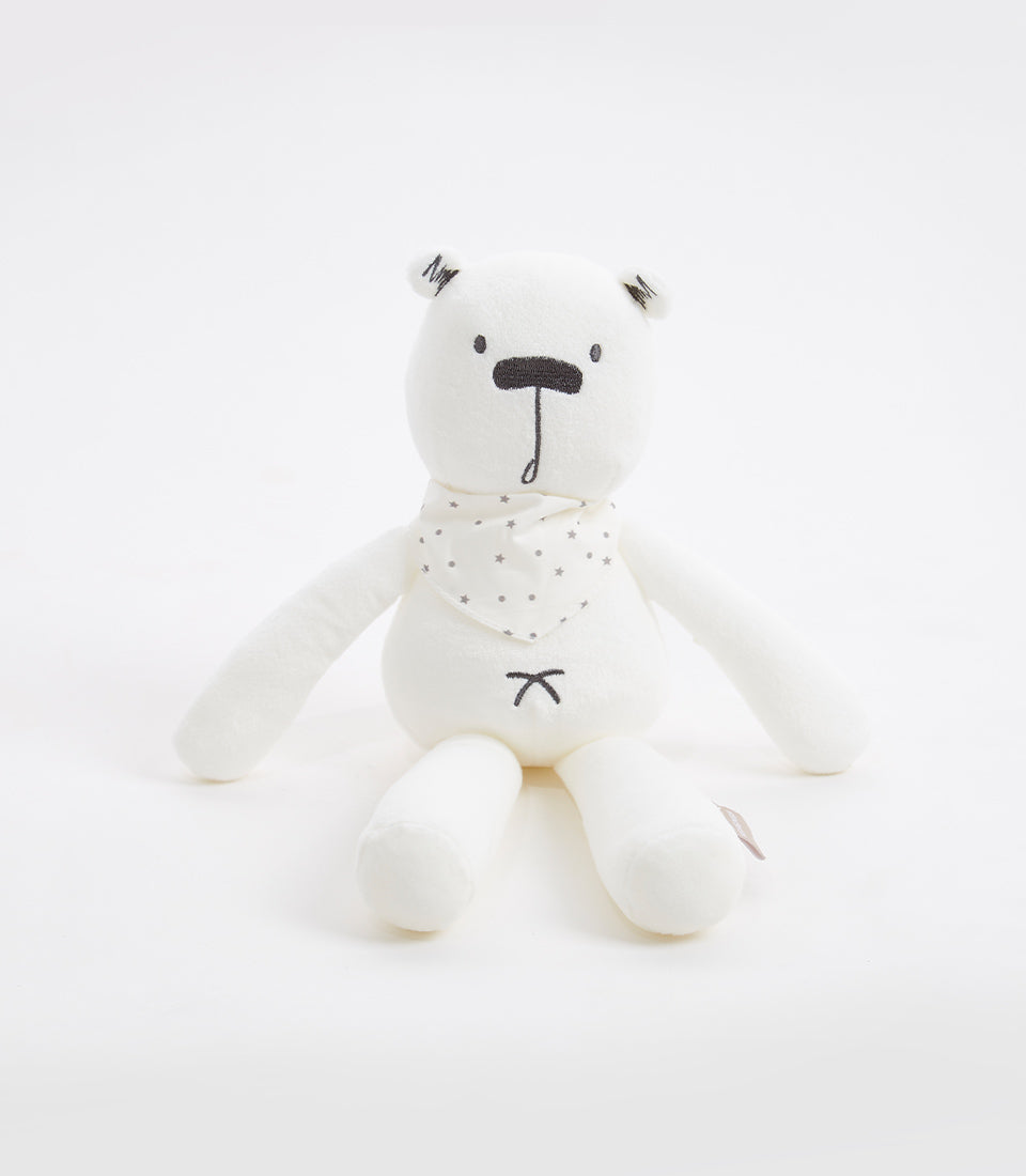 Cuddly white teddy bear with star-print scarf for children and babies