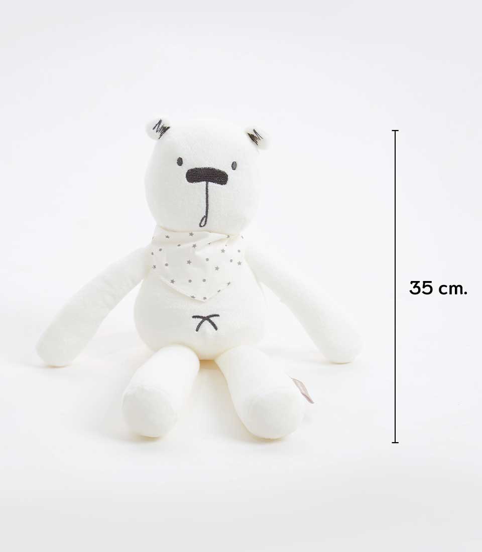 White plush teddy bear with embroidered features and grey star-patterned scarf, perfect for kids and babies