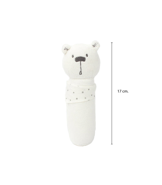 Soft white plush bear baby rattle with grey star collar, 17cm newborn gift