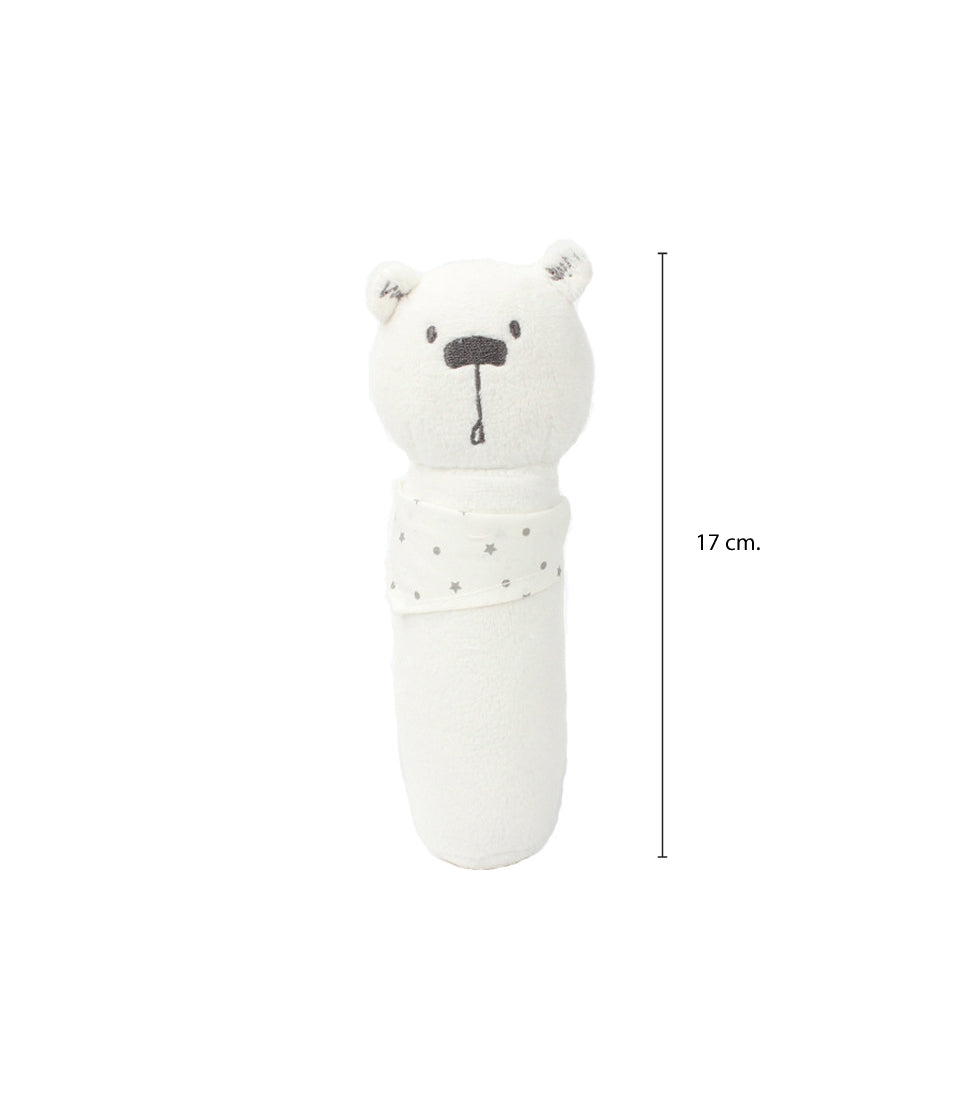 Soft white plush bear baby rattle with grey star neck band, 17cm tall