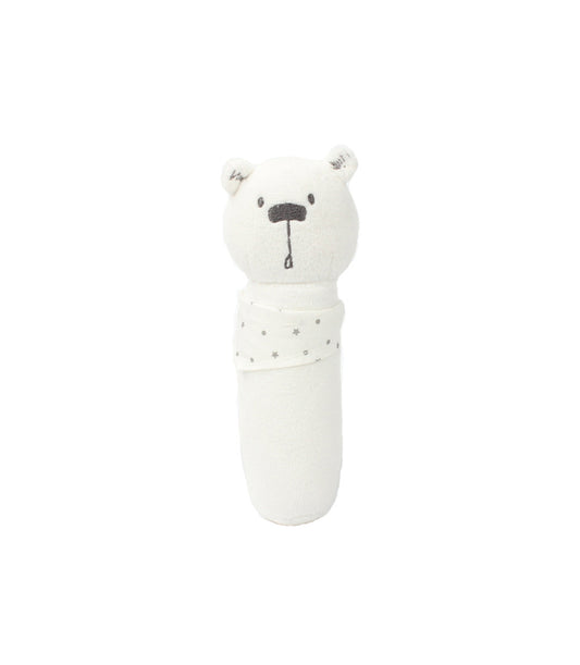 Soft white plush bear baby rattle with grey star-patterned band