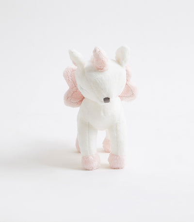 Pink and white plush unicorn soft toy with delicate wings, perfect for children and babies