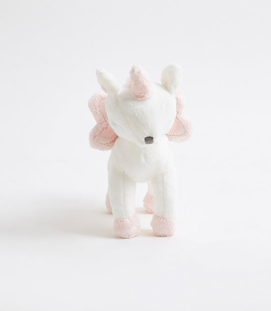 Pink and white plush unicorn soft toy with delicate wings, perfect for children and babies