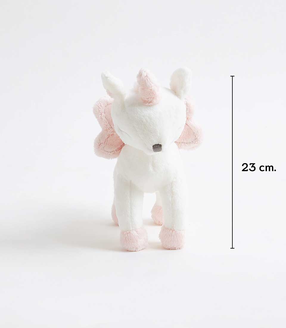 Soft white plush unicorn toy with pink wings and horn, 23 cm tall, perfect for kids' birthday gifts
