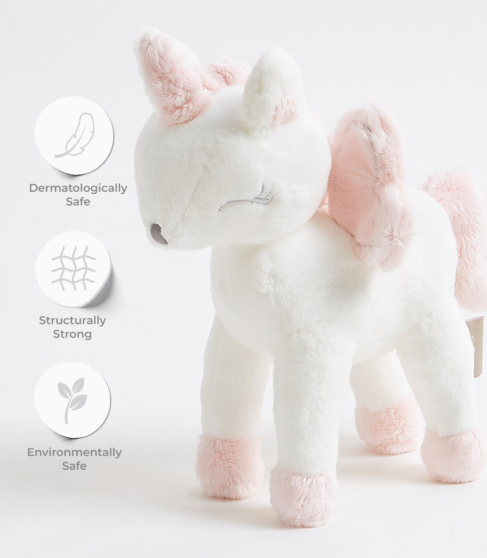 Pink plush unicorn soft toy with wings, dermatologically safe and eco-friendly for children