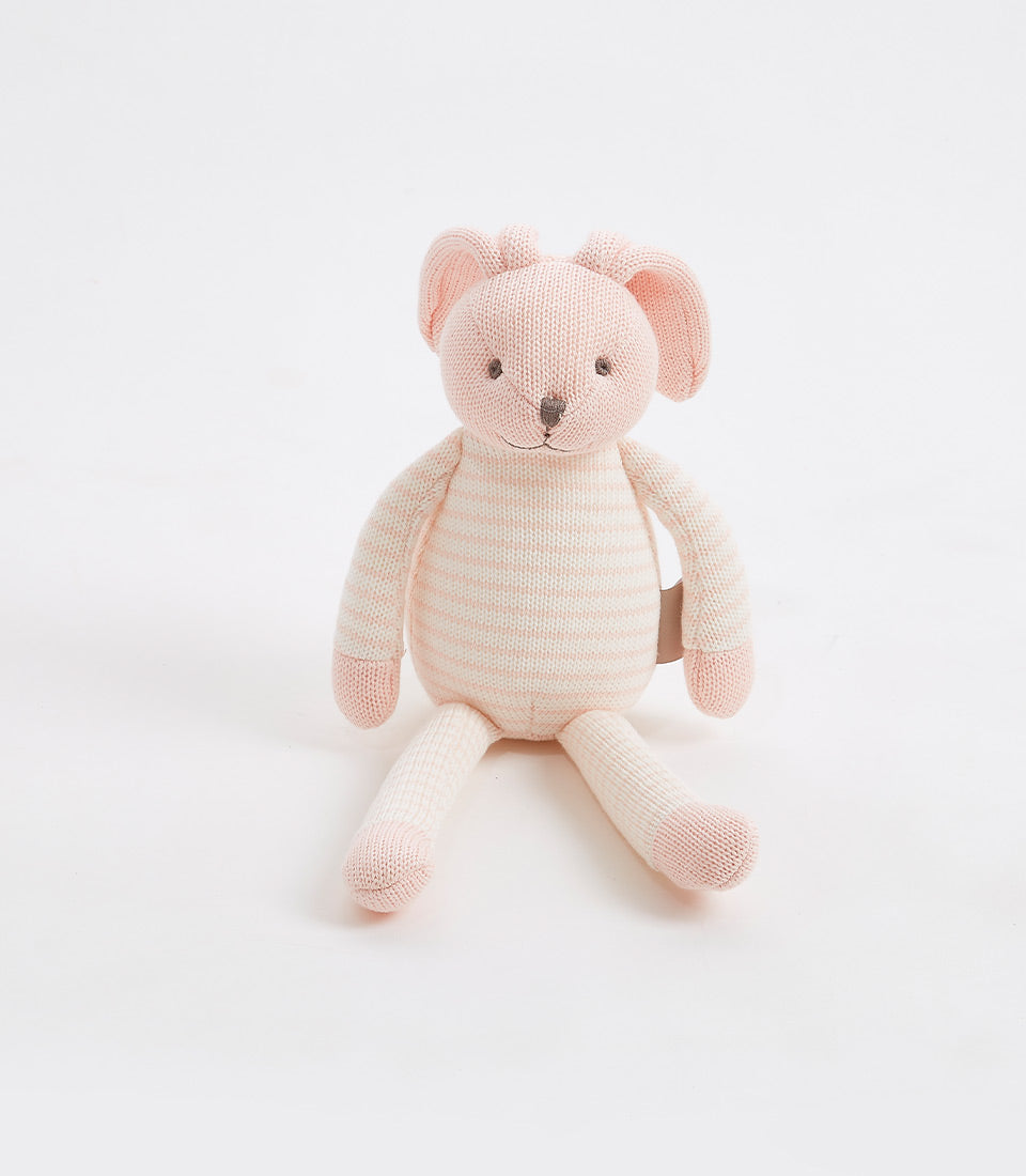 Handknitted striped pink and cream bunny plush toy with embroidered face and soft limbs