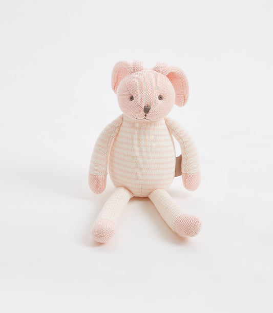 Handknitted striped pink and cream bunny plush toy with embroidered face and soft limbs