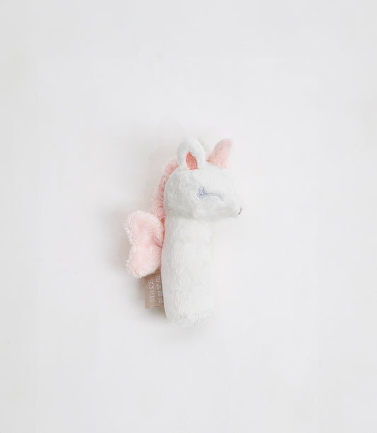 Soft white plush unicorn toy with pink mane and wings for babies and toddlers