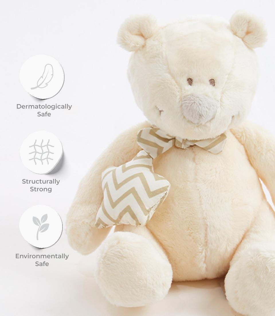Cream plush teddy bear with beige chevron scarf and star charm, dermatologically safe soft toy for babies and kids