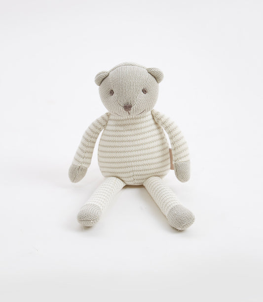 Soft knitted teddy bear with beige and cream stripes for babies and kids