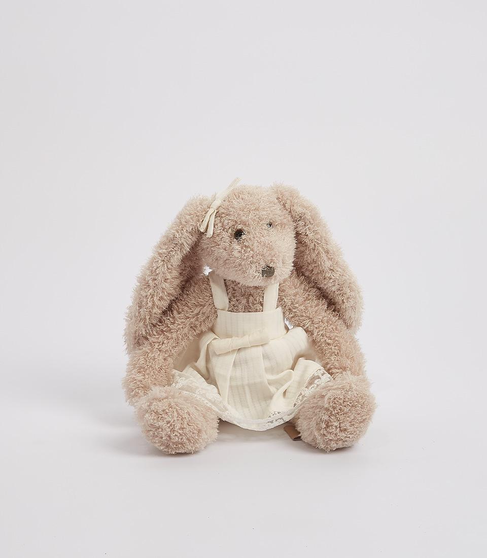Soft plush bunny in cream lace dress with floppy ears, ideal gift for babies and toddlers