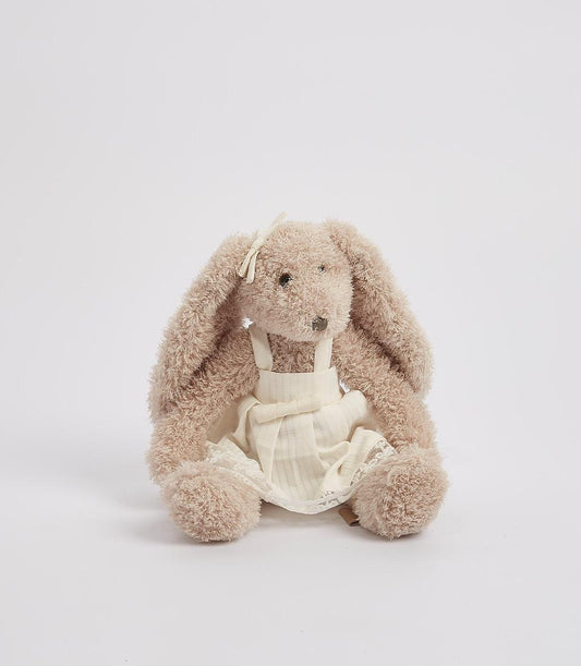 Soft plush bunny in cream lace dress with floppy ears, ideal gift for babies and toddlers