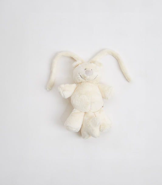 Cream plush teddy bear with floppy ears and hanging loop, perfect for baby gifts