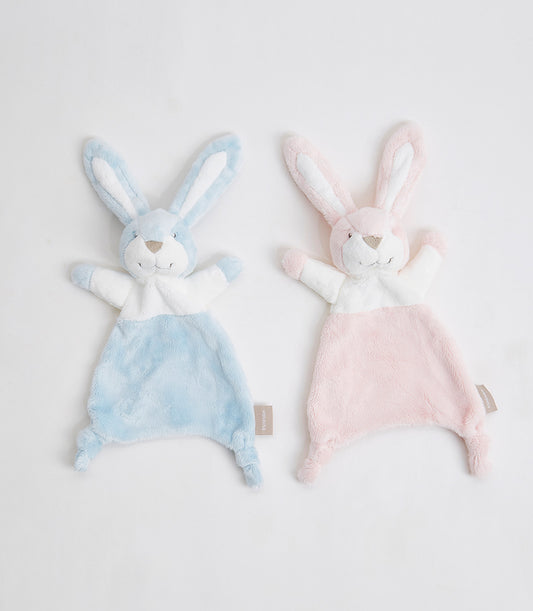 Soft plush bunny saliva towels in light blue and pink with embroidered details, perfect for babies and toddlers