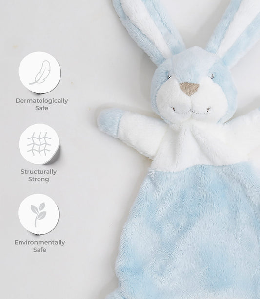 Soft plush blue and white bunny comforter with dermatologically safe, eco-friendly fabric for babies