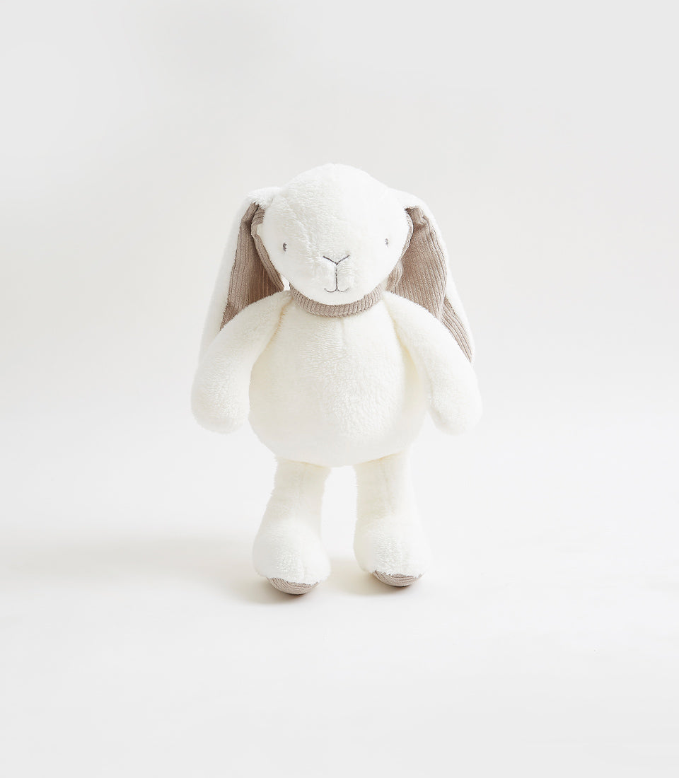 Soft plush rabbit toy with floppy ears and taupe accents for babies and kids