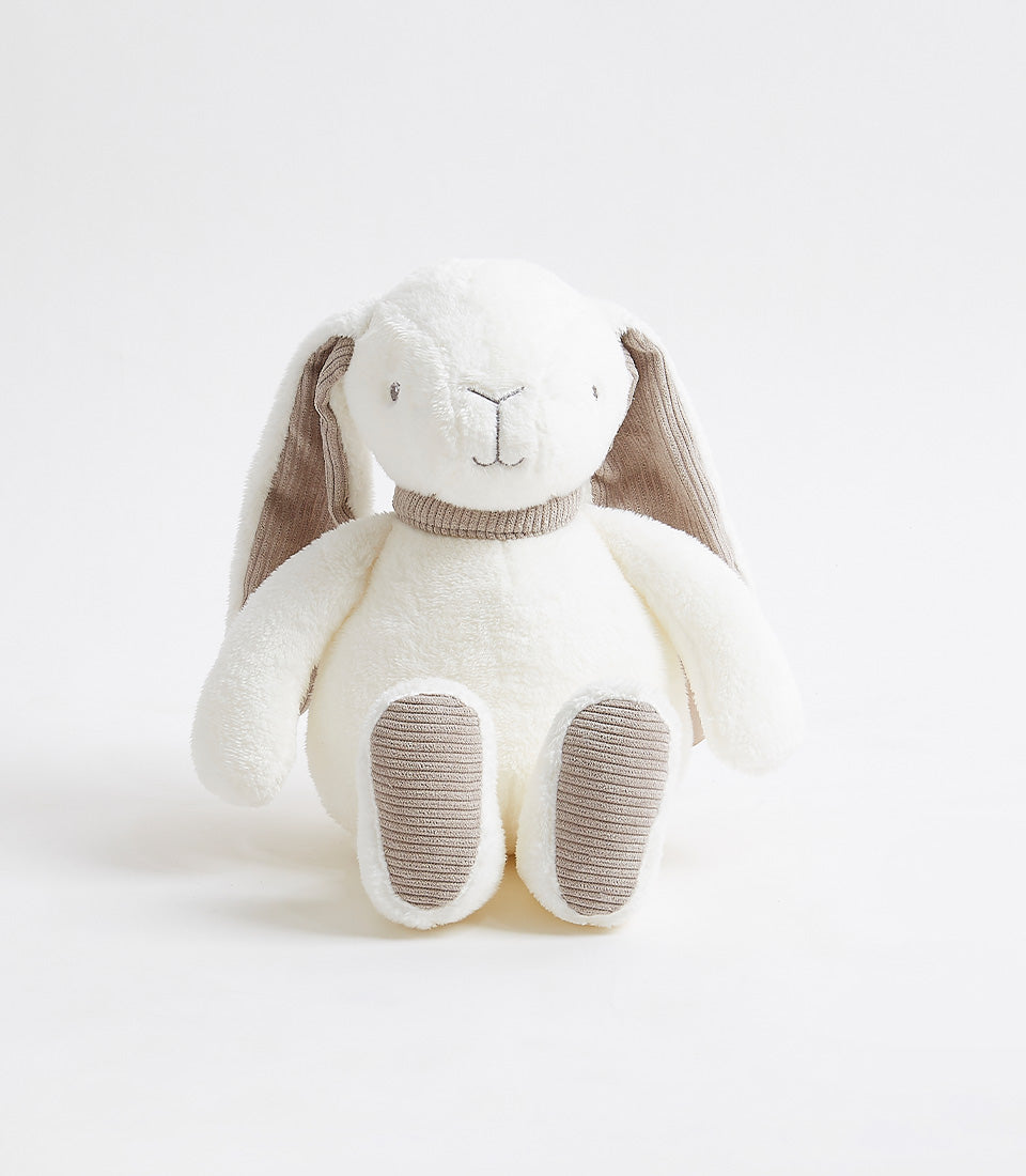 Soft plush rabbit toy with off-white fluffy body and taupe ribbed ears, perfect for babies and children