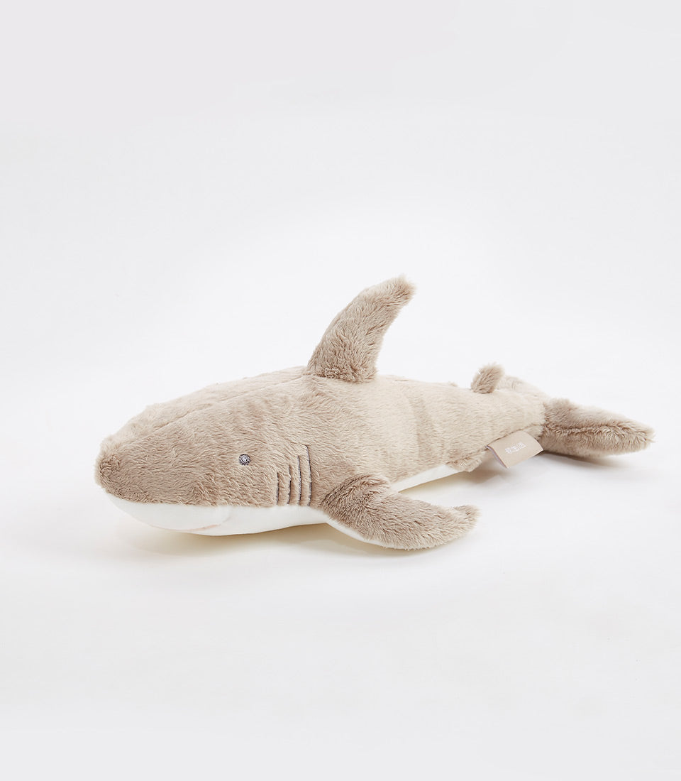 Soft plush brown shark toy with embroidered details for babies and kids