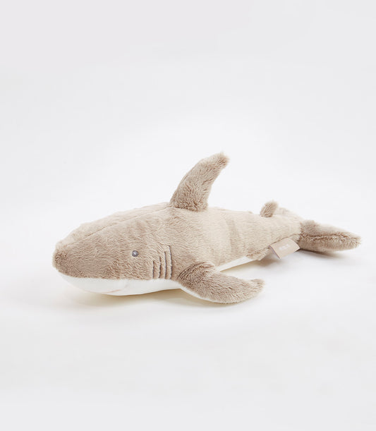 Soft plush brown shark toy with embroidered details for babies and kids