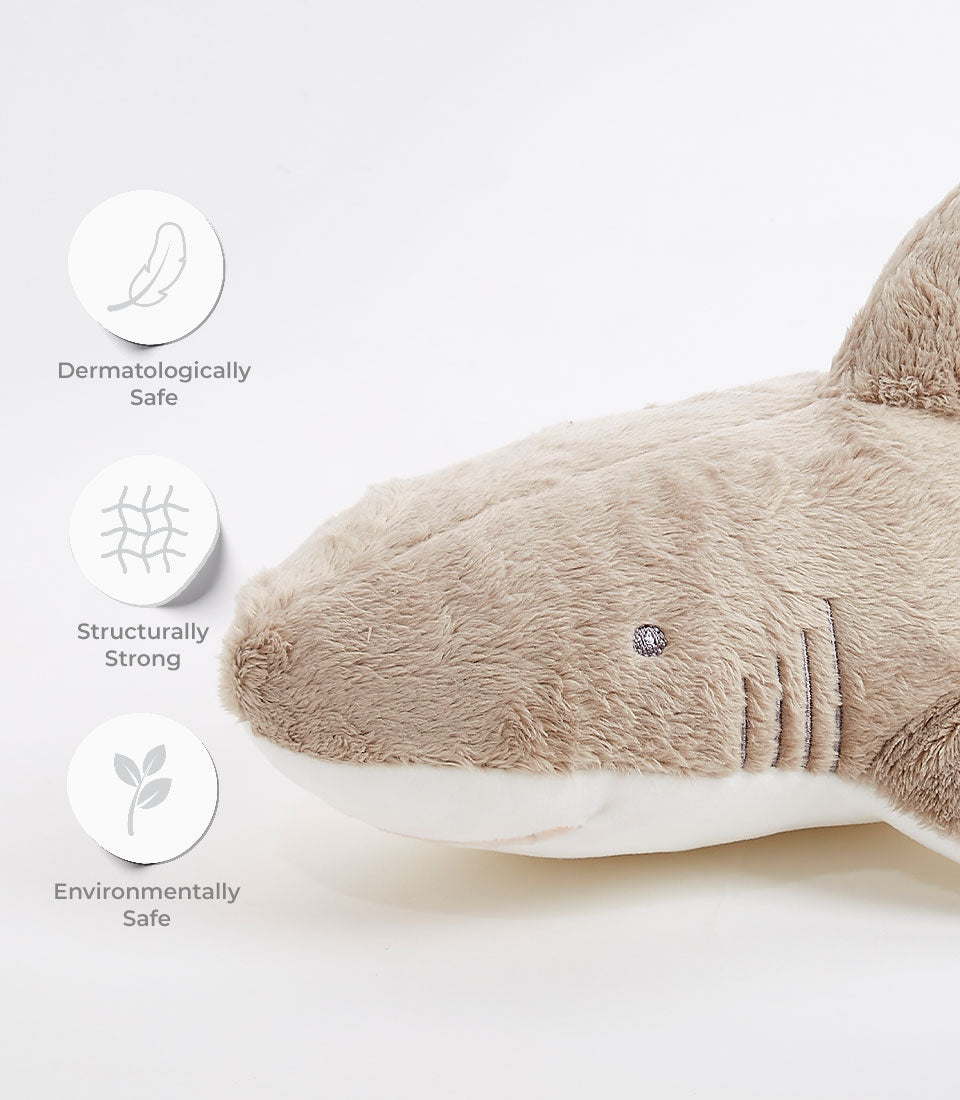 Plush brown shark soft toy with white belly and sparkly eyes, dermatologically safe cuddly gift for kids